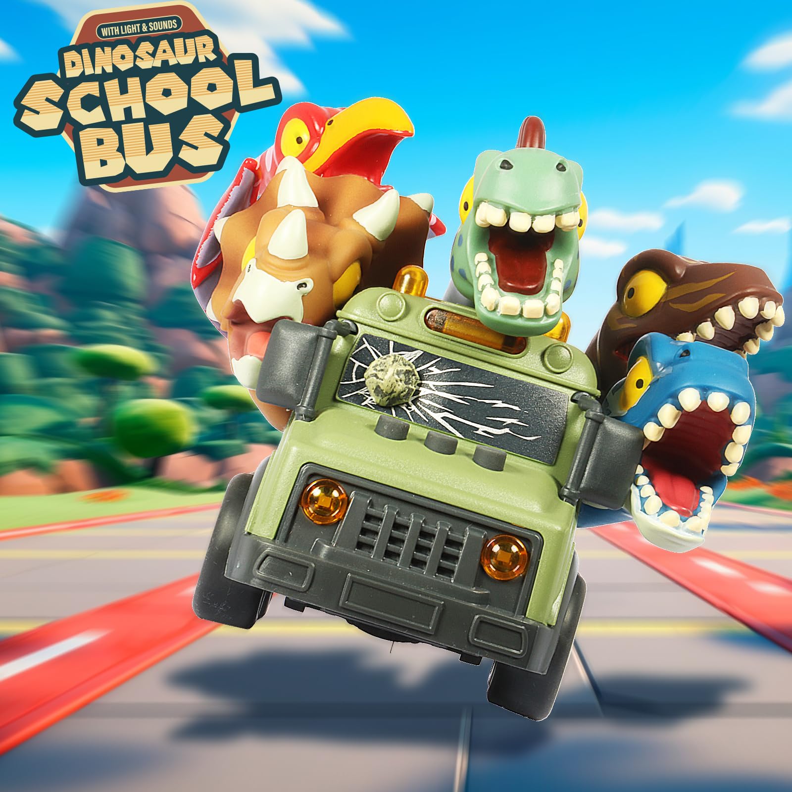 DINOBROS Dinosaur School Bus Toy with Lights and Sounds - Friction Powered with 5 Dino Figures for Kids Ages 3+