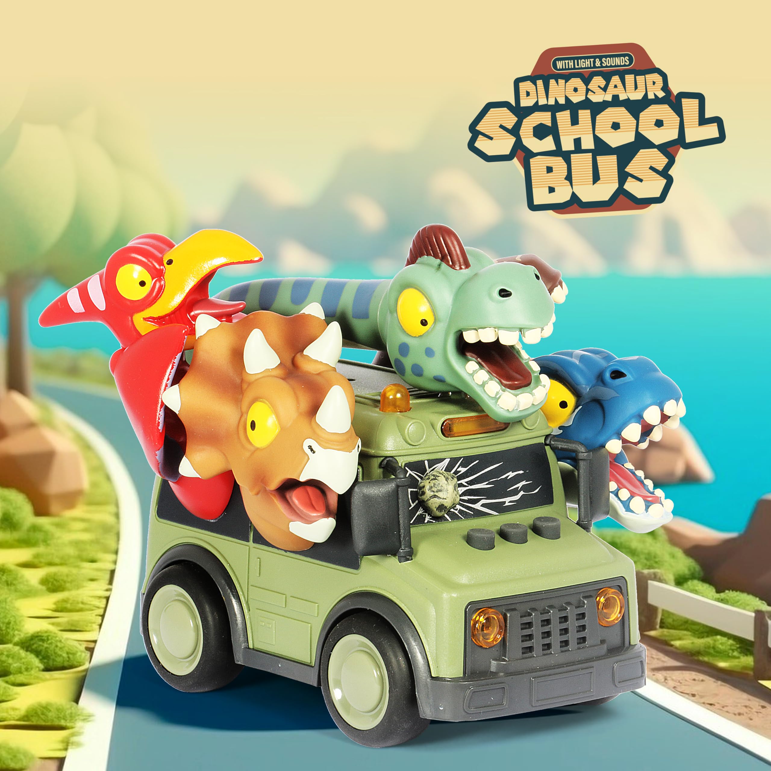 DINOBROS Dinosaur School Bus Toy with Lights and Sounds - Friction Powered with 5 Dino Figures for Kids Ages 3+