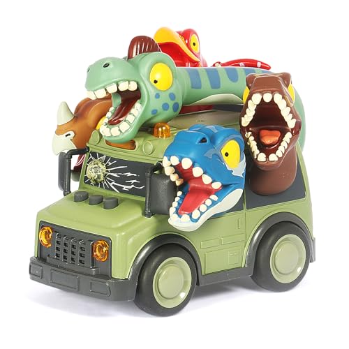 DINOBROS Dinosaur School Bus Toy with Lights and Sounds - Friction Powered with 5 Dino Figures for Kids Ages 3+