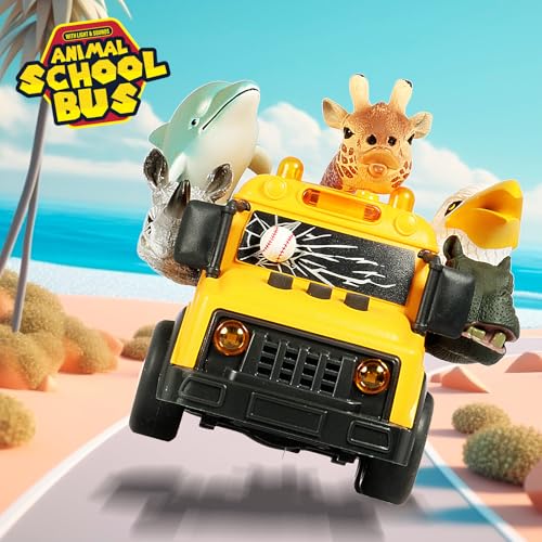 DINOBROS Yellow School Bus Toy with Light and Sound – Friction Powered Animal Bus for Kids Ages 3+