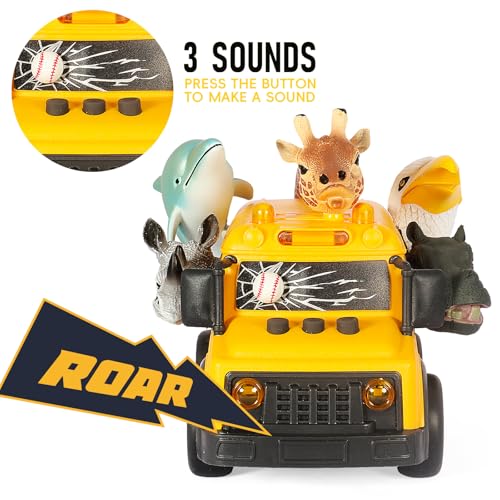 DINOBROS Yellow School Bus Toy with Light and Sound – Friction Powered Animal Bus for Kids Ages 3+
