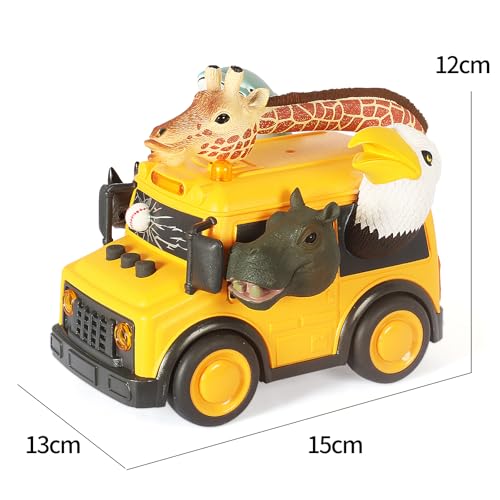DINOBROS Yellow School Bus Toy with Light and Sound – Friction Powered Animal Bus for Kids Ages 3+