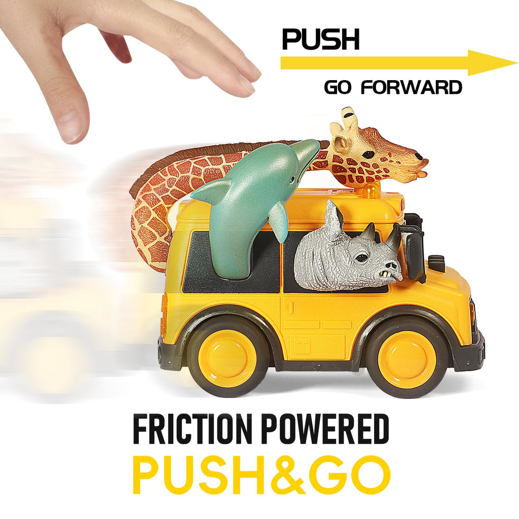 DINOBROS Yellow School Bus Toy with Light and Sound – Friction Powered Animal Bus for Kids Ages 3+