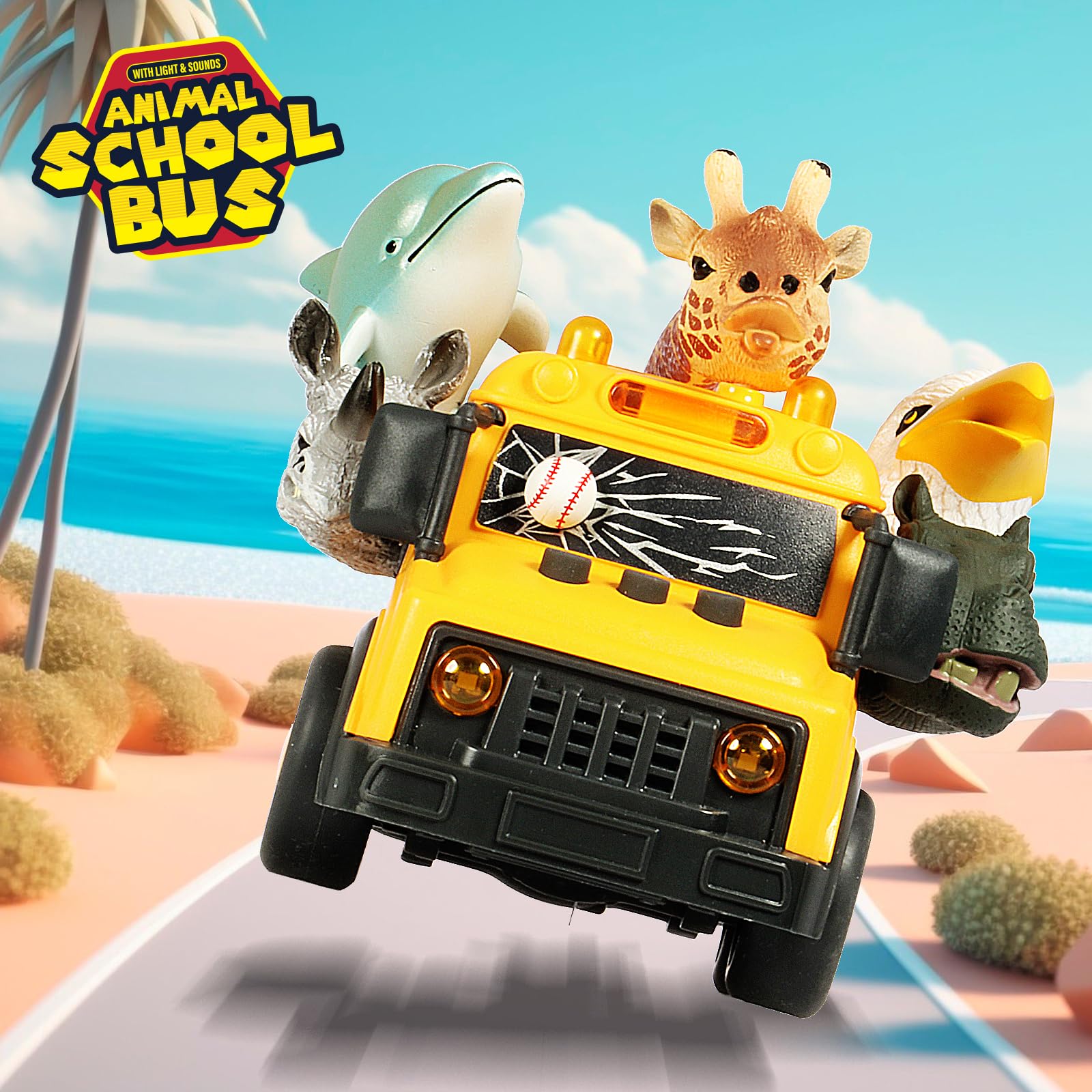 DINOBROS Yellow School Bus Toy with Light and Sound – Friction Powered Animal Bus for Kids Ages 3+