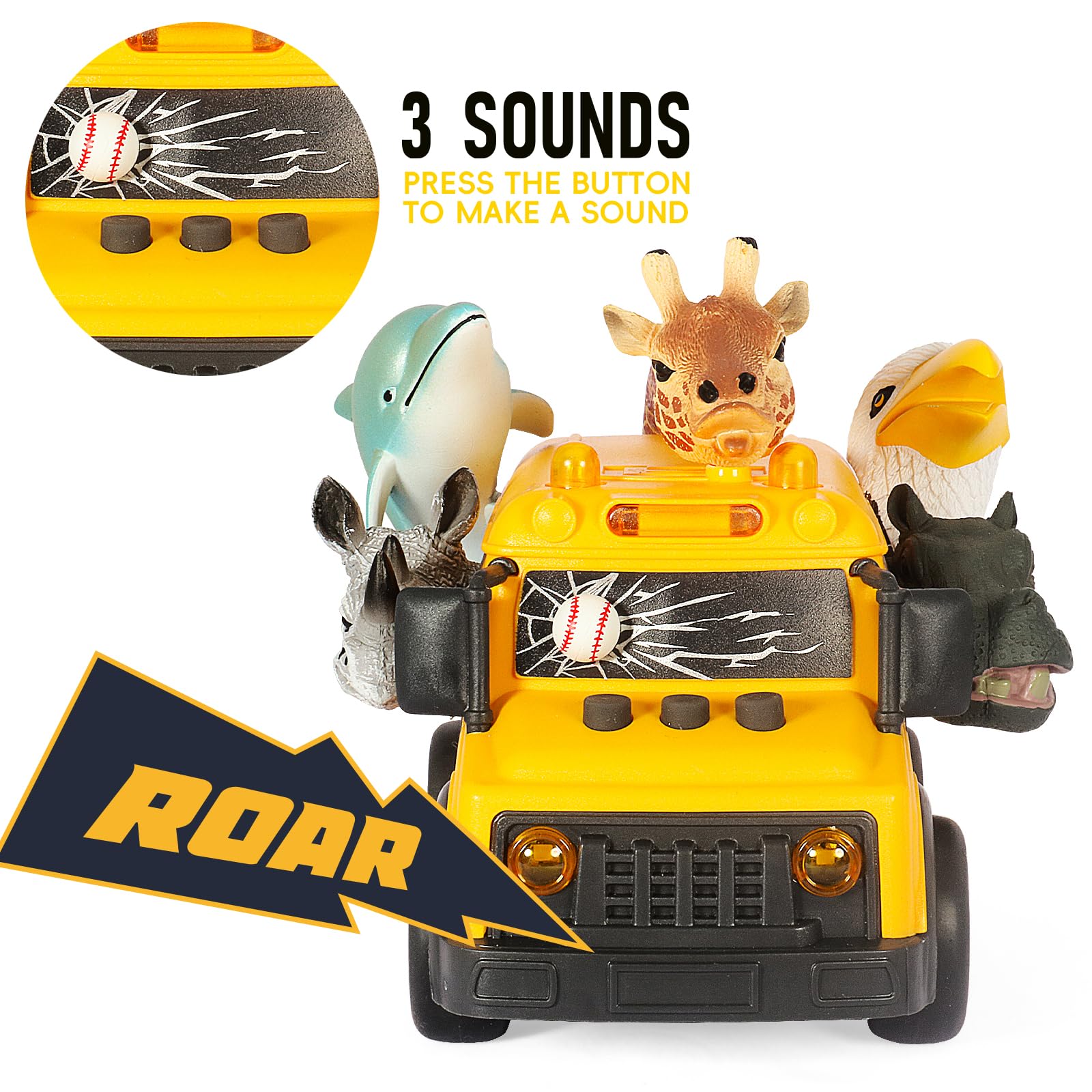 DINOBROS Yellow School Bus Toy with Light and Sound – Friction Powered Animal Bus for Kids Ages 3+