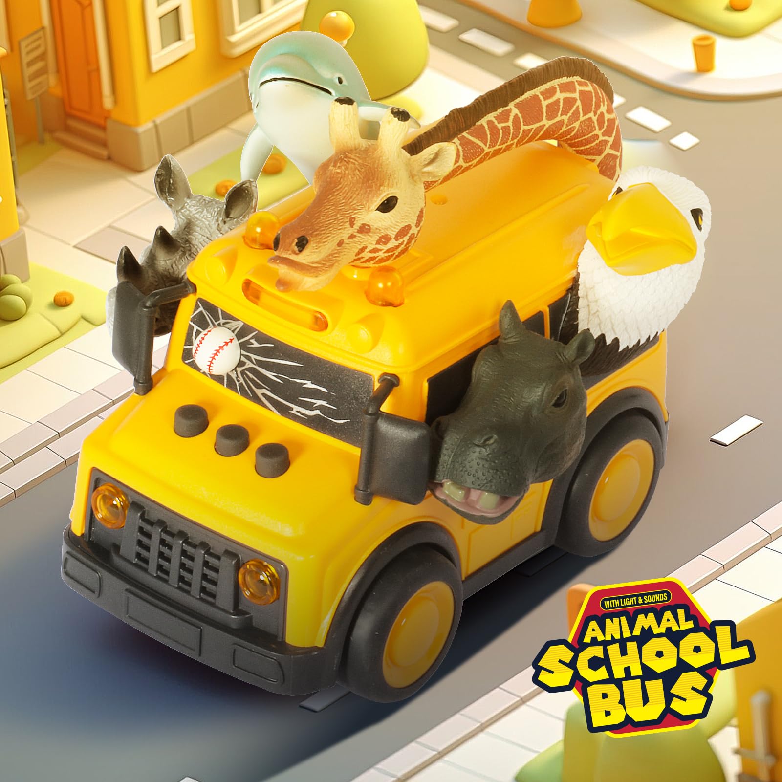 DINOBROS Yellow School Bus Toy with Light and Sound – Friction Powered Animal Bus for Kids Ages 3+