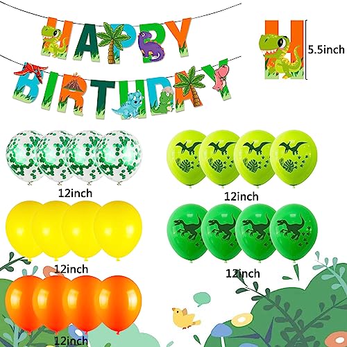 Dinosaur Birthday Decoration Set for Age 4 – Foil & Latex Balloons, Banner, Cake Topper