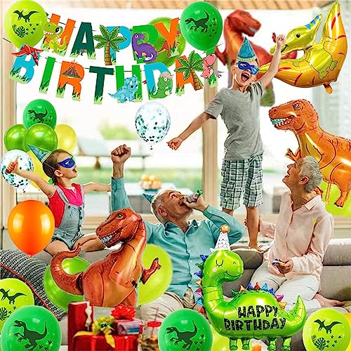 Dinosaur Birthday Decoration Set for Age 4 – Foil & Latex Balloons, Banner, Cake Topper