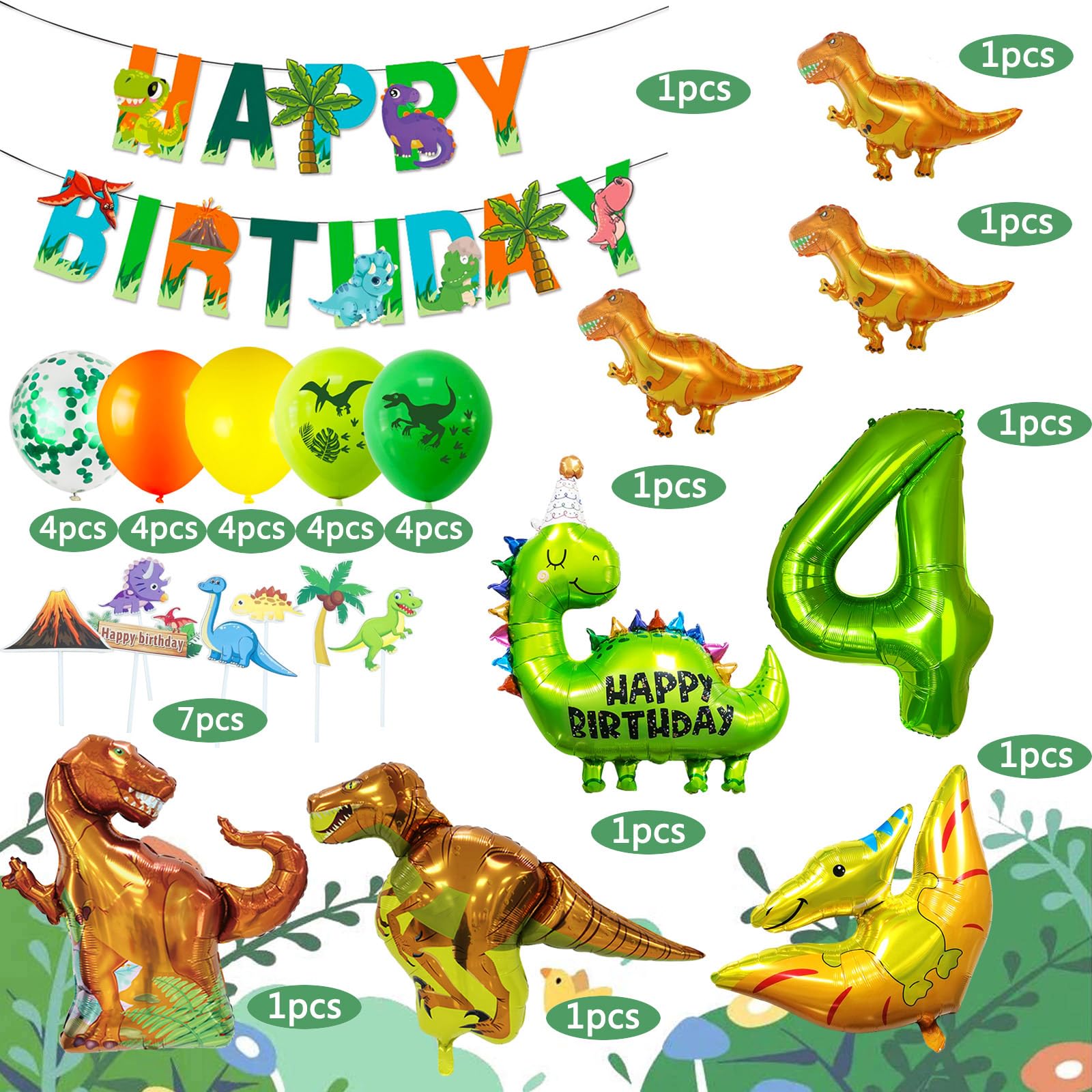 Dinosaur Birthday Decoration Set for Age 4 – Foil & Latex Balloons, Banner, Cake Topper