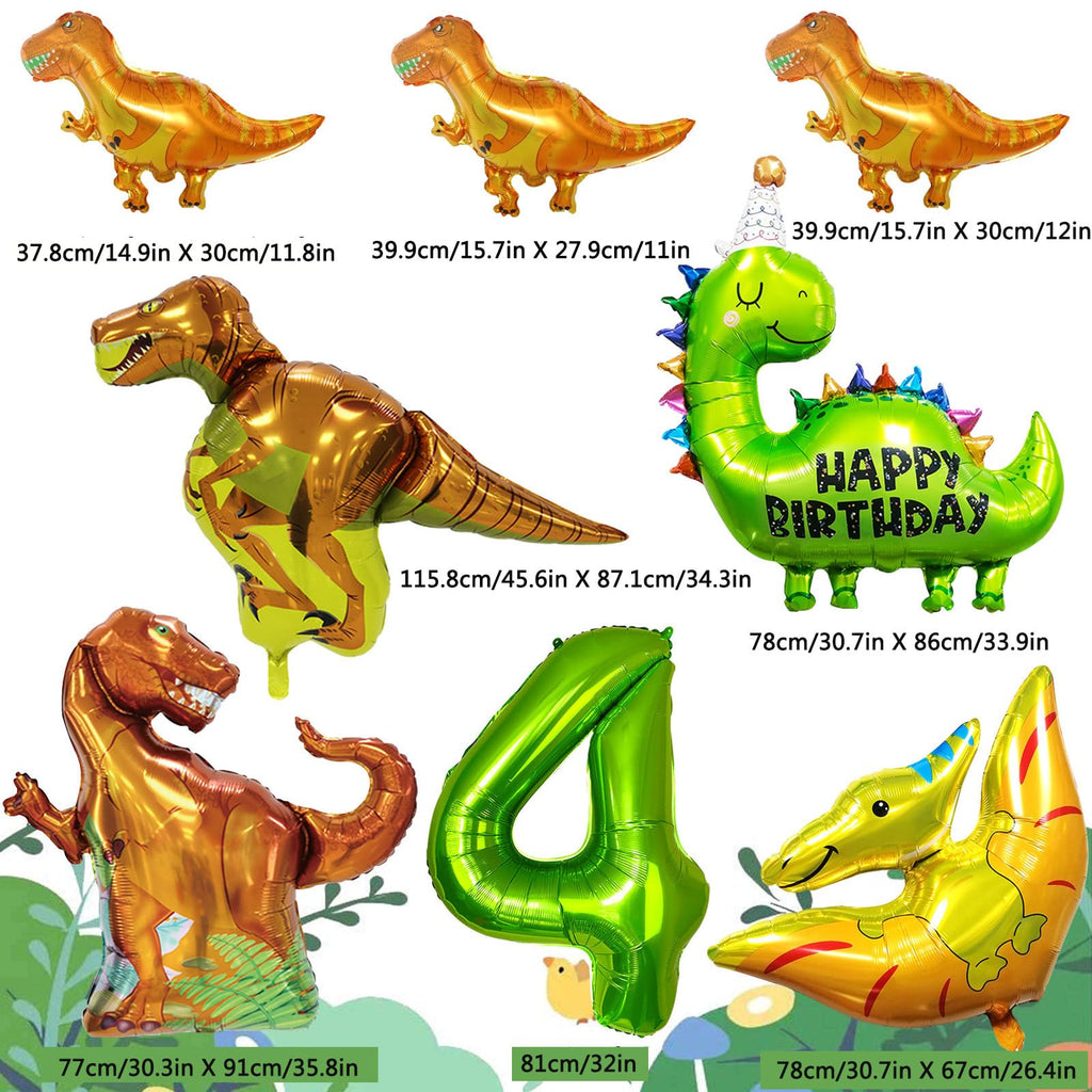 Dinosaur Birthday Decoration Set for Age 4 – Foil & Latex Balloons, Banner, Cake Topper