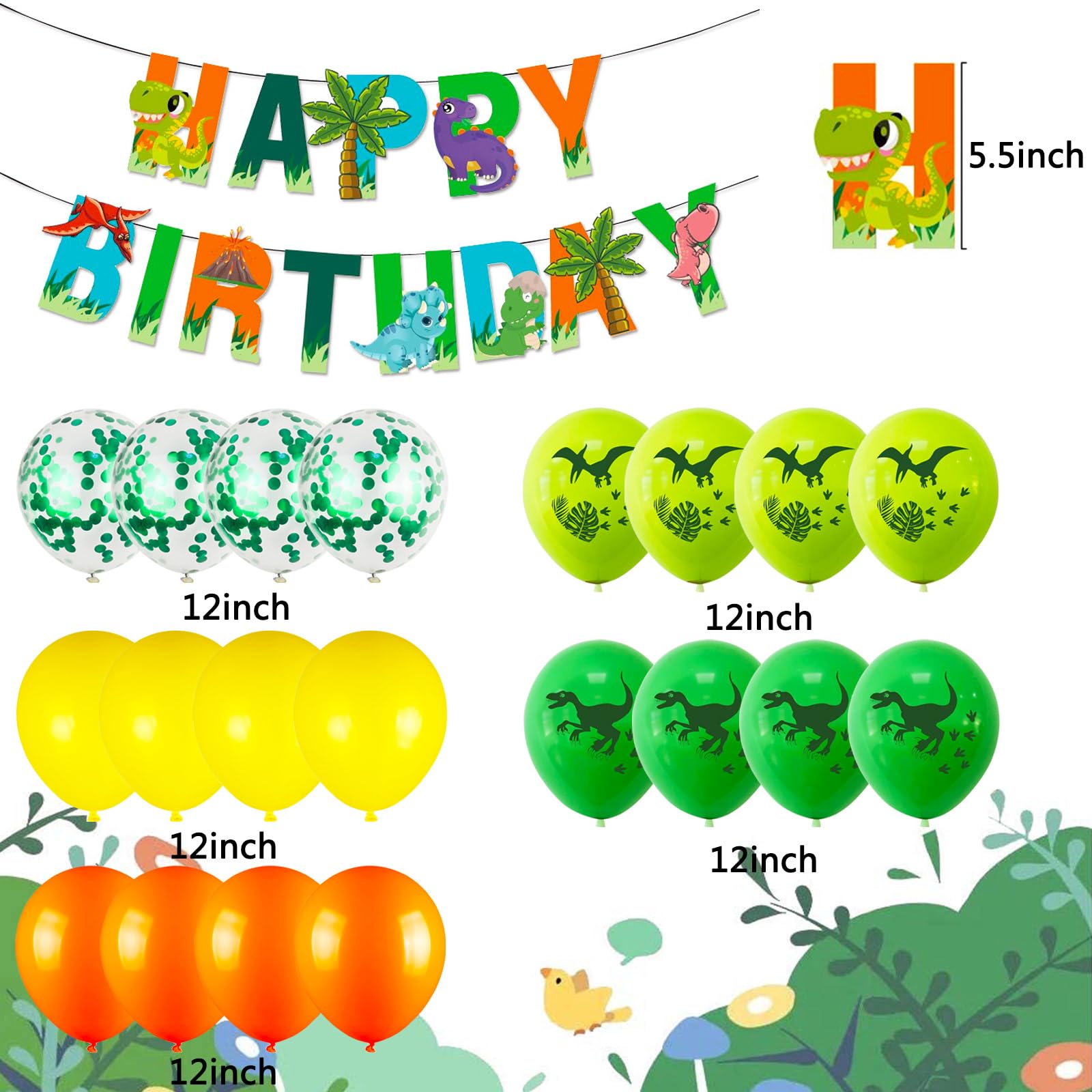 Dinosaur Birthday Decoration Set for Age 4 – Foil & Latex Balloons, Banner, Cake Topper