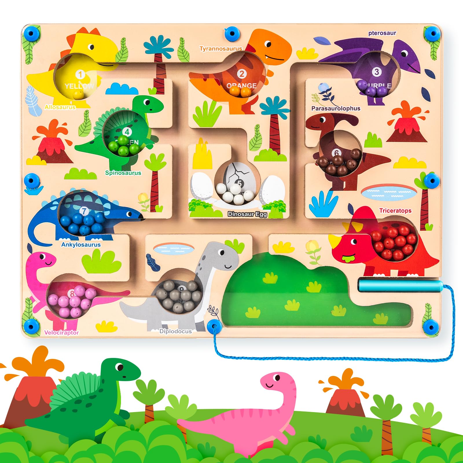 Dinosaur Magnetic Color and Number Maze – Montessori Wooden Puzzle for Toddlers 3-5
