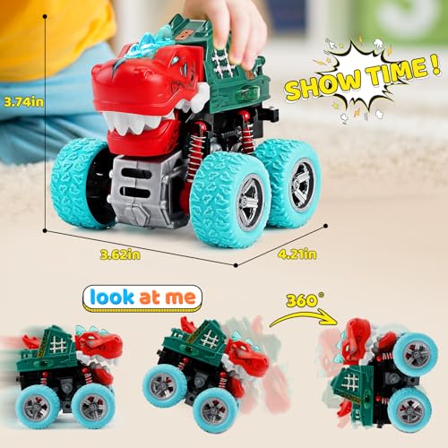 Dinosaur Monster Truck Toys for Kids 3-5 – Friction Powered 360° Stunt Spin with LED Lights & Roaring Sounds (2-Pack)
