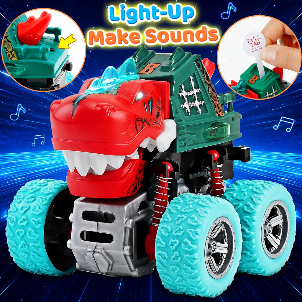 Dinosaur Monster Truck Toys for Kids 3-5 – Friction Powered 360° Stunt Spin with LED Lights & Roaring Sounds (2-Pack)