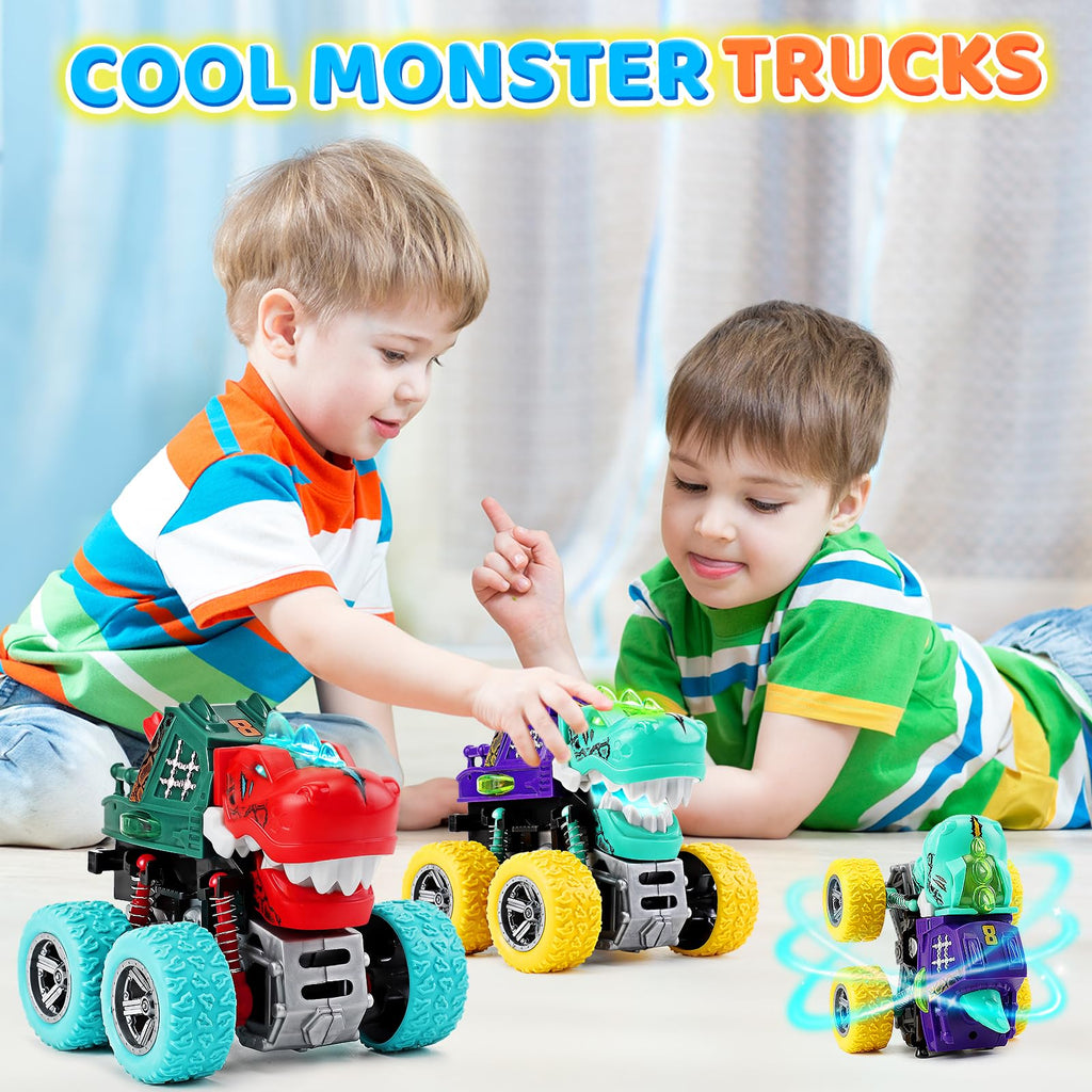 Dinosaur Monster Truck Toys for Kids 3-5 – Friction Powered 360° Stunt Spin with LED Lights & Roaring Sounds (2-Pack)