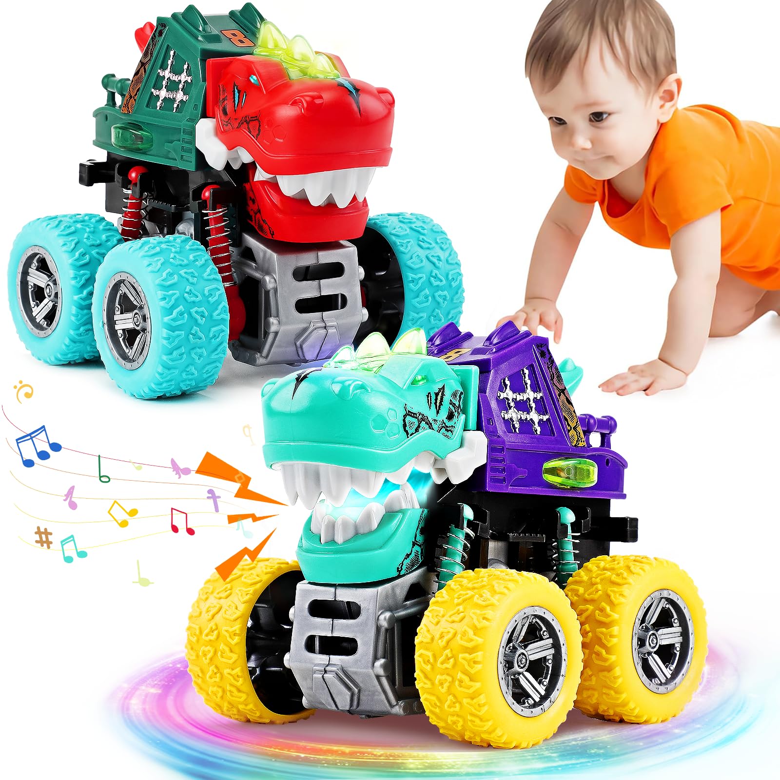 Dinosaur Monster Truck Toys for Kids 3-5 – Friction Powered 360° Stunt Spin with LED Lights & Roaring Sounds (2-Pack)