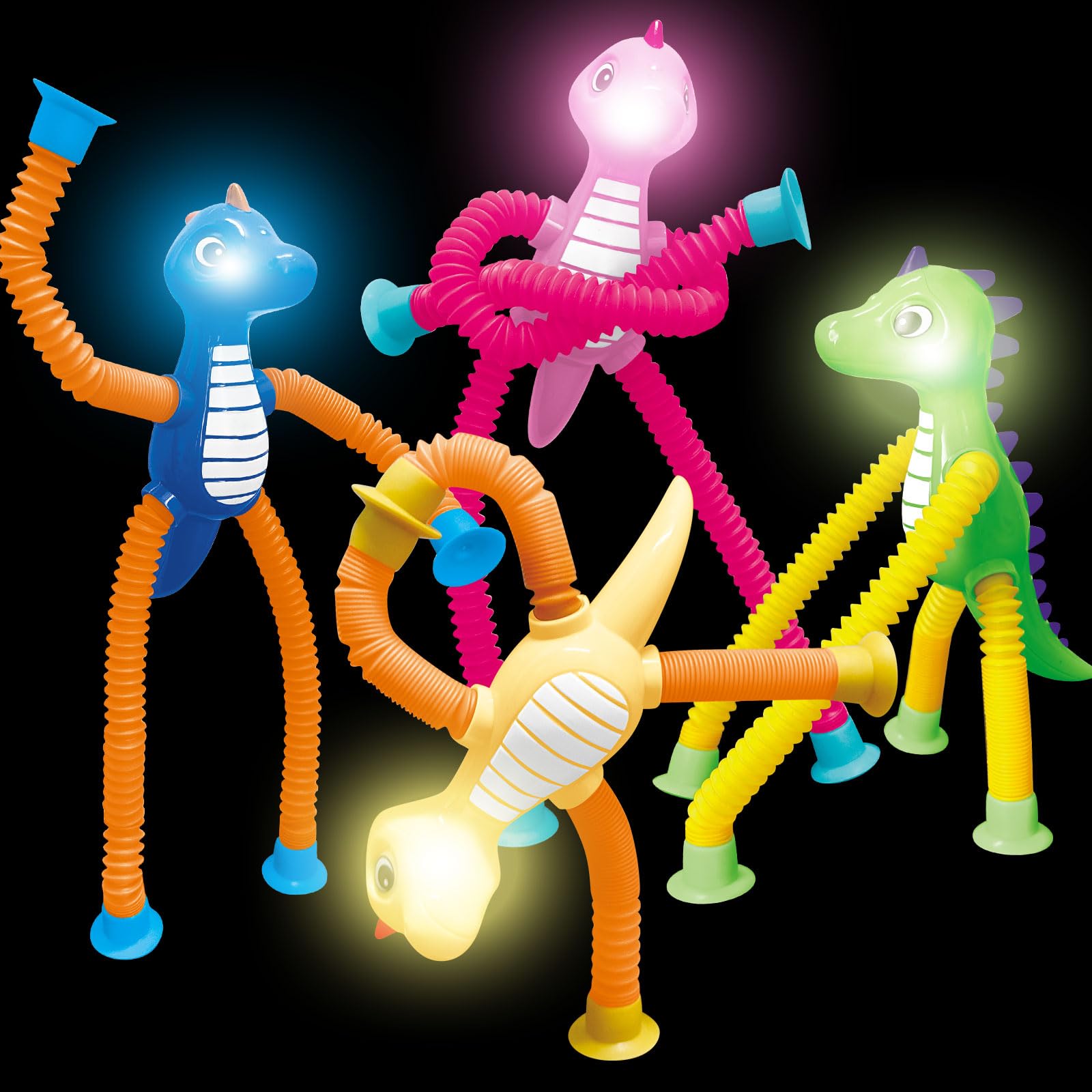 Dinosaur Pop Tube Fidget Toys – 4-Pack 6-Inch LED Light-Up Travel Sensory Toys for Kids Ages 3+ (Yellow, Pink, Blue, Green)