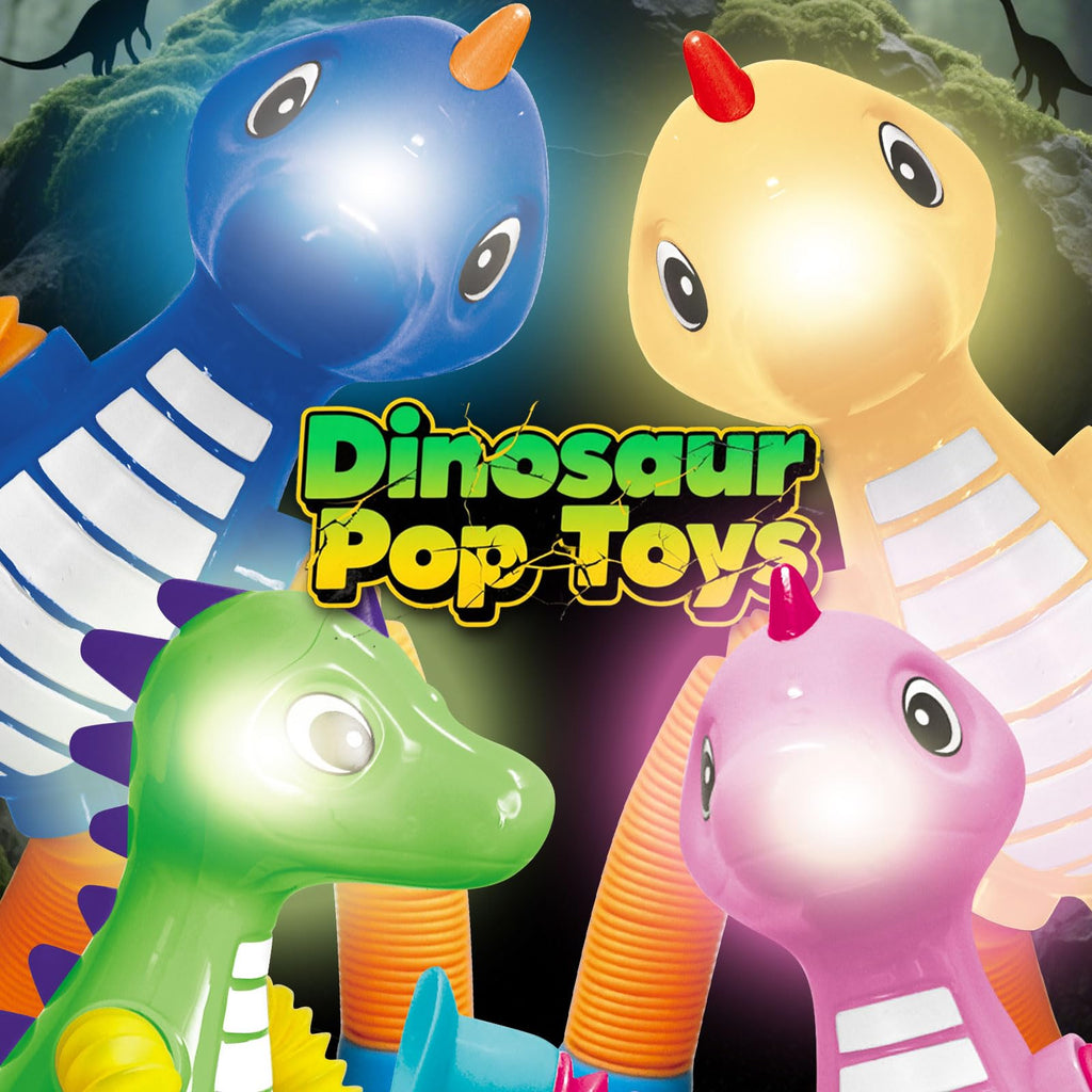 Dinosaur Pop Tube Fidget Toys – 4-Pack 6-Inch LED Light-Up Travel Sensory Toys for Kids Ages 3+ (Yellow, Pink, Blue, Green)