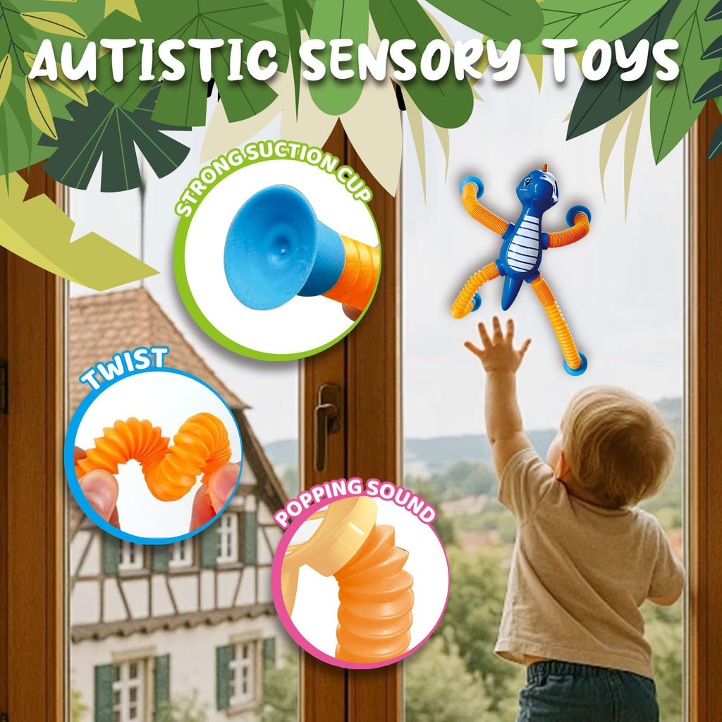 Dinosaur Pop Tube Fidget Toys – 4-Pack 6-Inch LED Light-Up Travel Sensory Toys for Kids Ages 3+ (Yellow, Pink, Blue, Green)