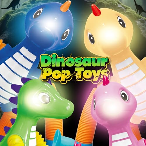 Dinosaur Pop Tube Fidget Toys – 4-Pack 6-Inch LED Light-Up Travel Sensory Toys for Kids Ages 3+ (Yellow, Pink, Blue, Green)