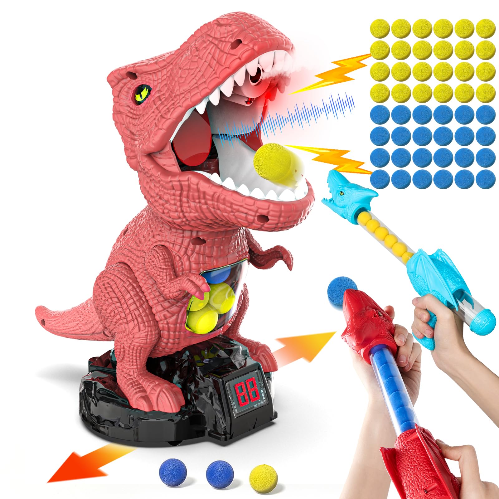 Dinosaur Shooting Toy with Moving Target, 2 Air Pump Guns, 48 Foam Balls, LED Score & Steam Effect for Kids 5+