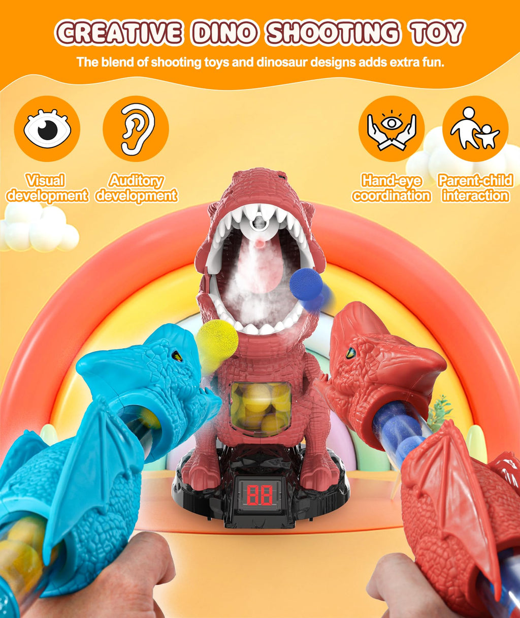 Dinosaur Shooting Toy with Moving Target, 2 Air Pump Guns, 48 Foam Balls, LED Score & Steam Effect for Kids 5+