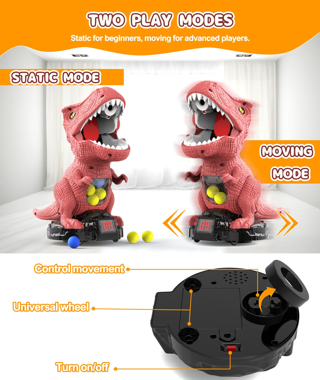 Dinosaur Shooting Toy with Moving Target, 2 Air Pump Guns, 48 Foam Balls, LED Score & Steam Effect for Kids 5+