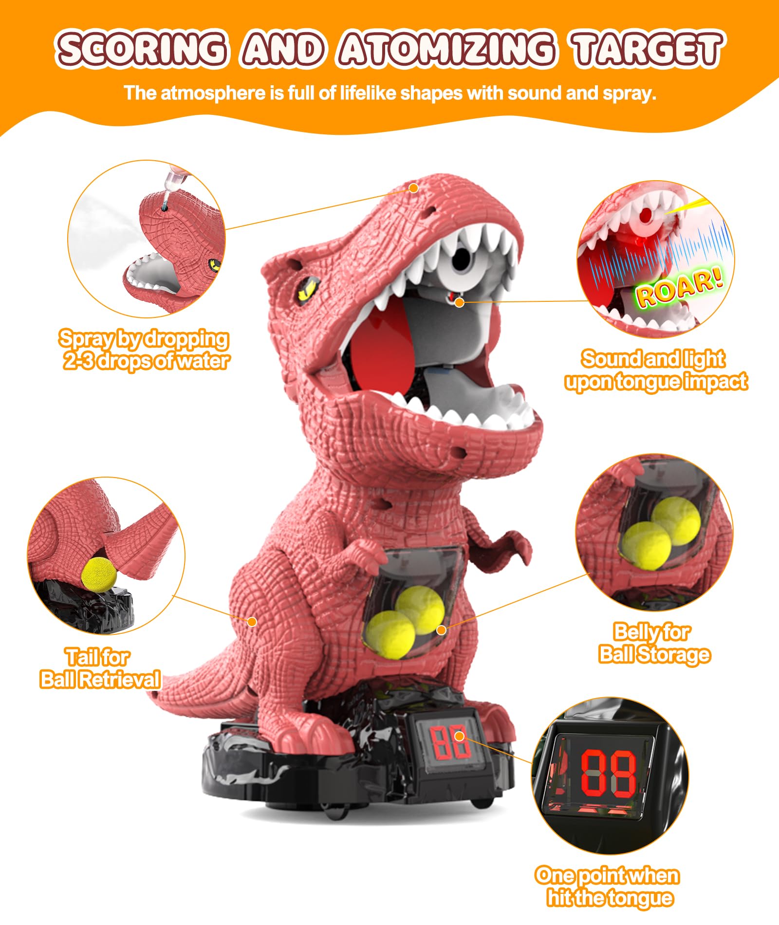 Dinosaur Shooting Toy with Moving Target, 2 Air Pump Guns, 48 Foam Balls, LED Score & Steam Effect for Kids 5+
