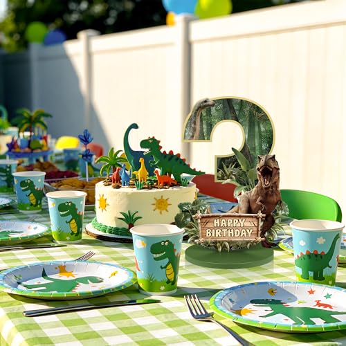 Dinosaur Table Decorations for 3rd Birthday – Wooden Number 3 Sign Centerpiece with Base