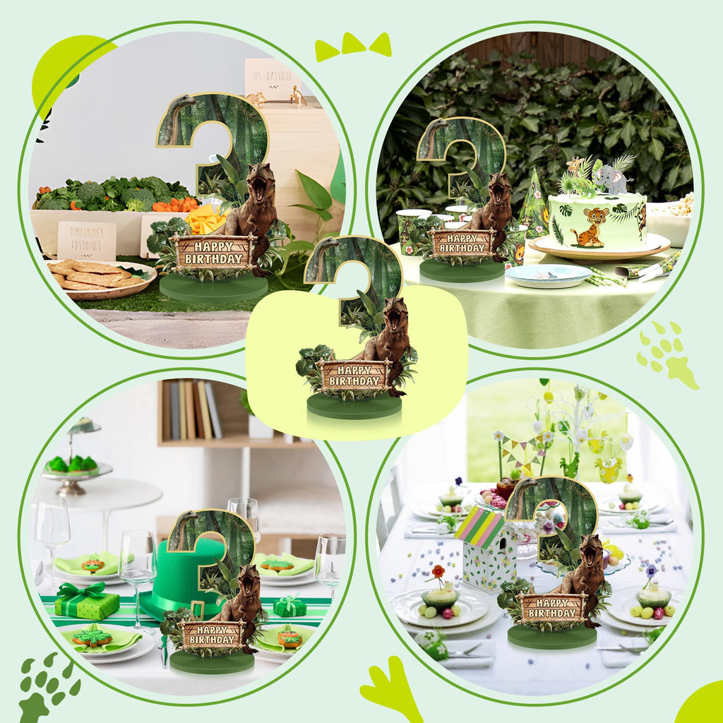 Dinosaur Table Decorations for 3rd Birthday – Wooden Number 3 Sign Centerpiece with Base