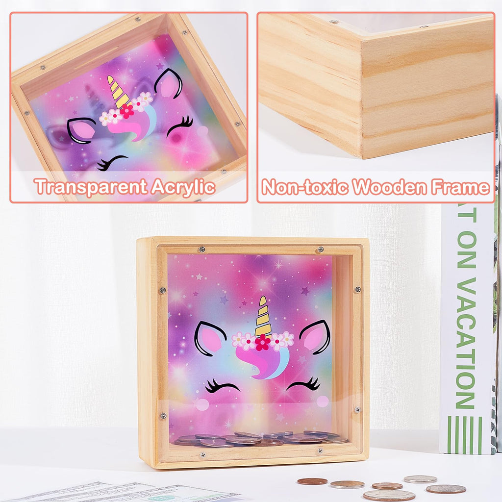 Dinosaur Wooden Piggy Bank for Kids - DIY Sticker Money Coin Bank with Acrylic Window