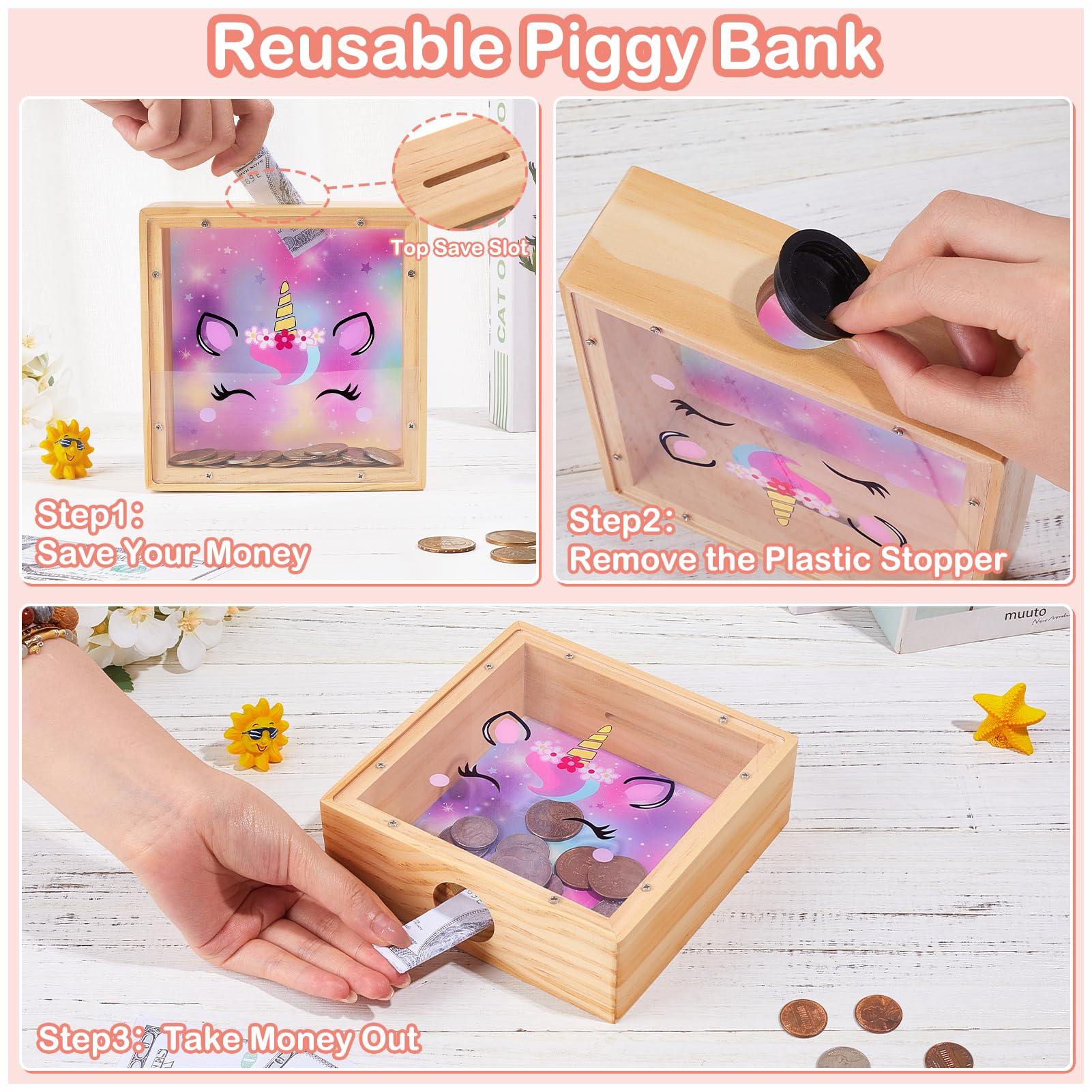 Dinosaur Wooden Piggy Bank for Kids - DIY Sticker Money Coin Bank with Acrylic Window