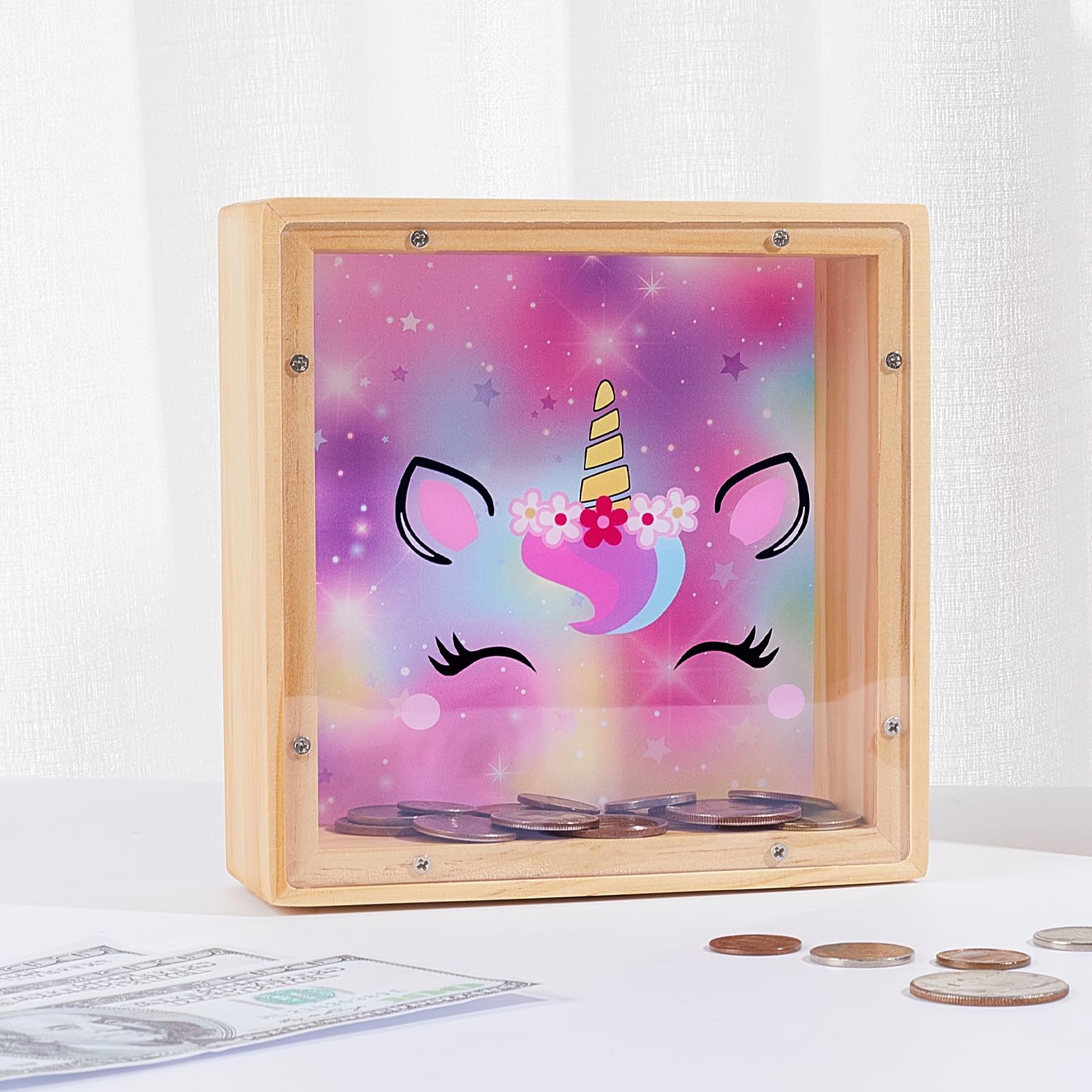 Dinosaur Wooden Piggy Bank for Kids - DIY Sticker Money Coin Bank with Acrylic Window