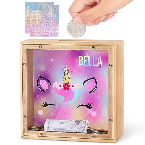 Dinosaur Wooden Piggy Bank for Kids - DIY Sticker Money Coin Bank with Acrylic Window