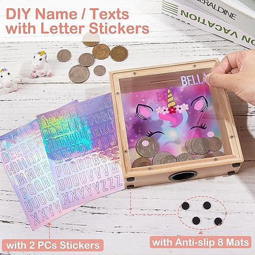 Dinosaur Wooden Piggy Bank for Kids - DIY Sticker Money Coin Bank with Acrylic Window
