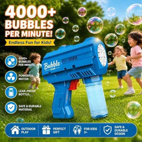 Dinxlon Kids Automatic Bubble Gun with LED Lights – Leakproof, 10,000+ Bubbles Per Minute, Blue (Includes Refill)