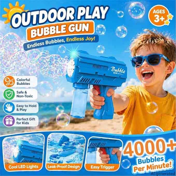 Dinxlon Kids Automatic Bubble Gun with LED Lights – Leakproof, 10,000+ Bubbles Per Minute, Blue (Includes Refill)