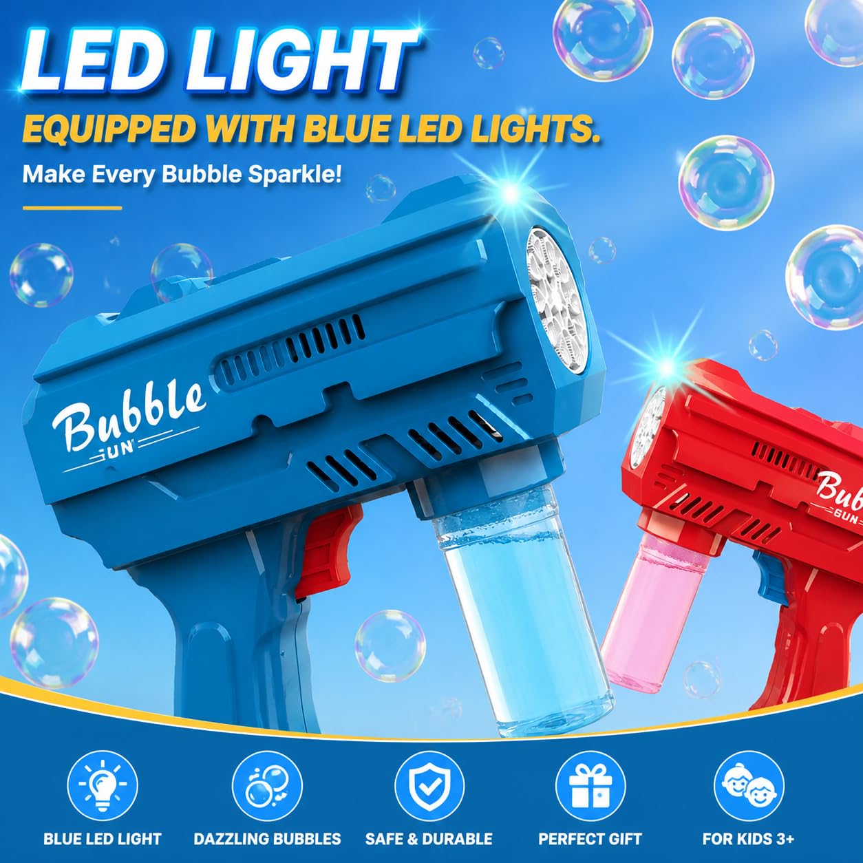 Dinxlon Kids Automatic Bubble Gun with LED Lights – Leakproof, 10,000+ Bubbles Per Minute, Blue (Includes Refill)