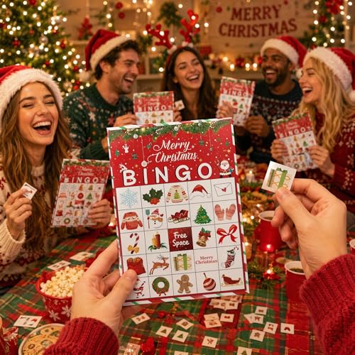 Disfuco Holiday Bingo Game Set for 24 Players – Christmas & Winter Party Favor Cards with Chips