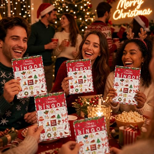 Disfuco Holiday Bingo Game Set for 24 Players – Christmas & Winter Party Favor Cards with Chips
