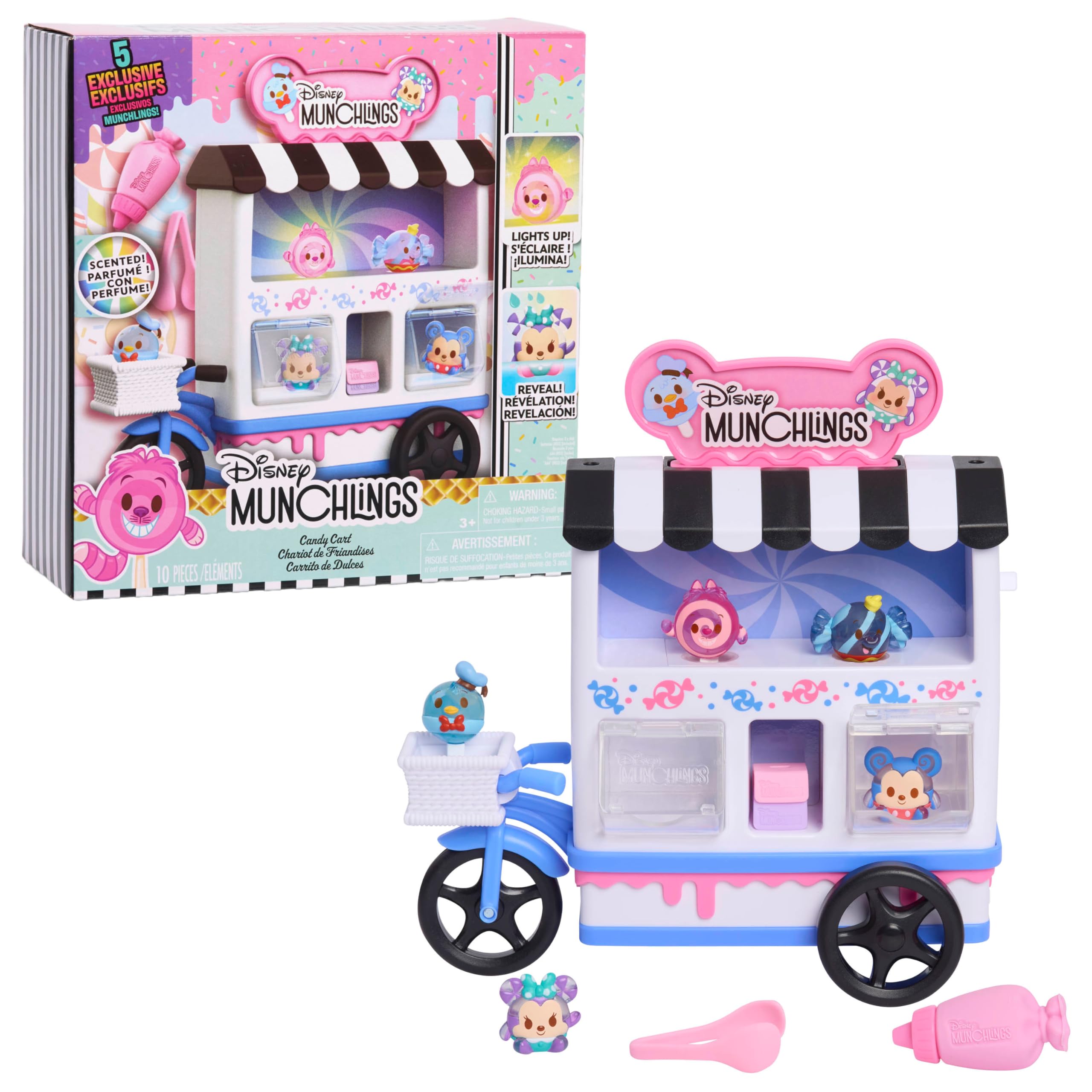 Disney Munchlings Candy Cart Playset – 13-Piece Light-Up Pretend Play with Scented Figures