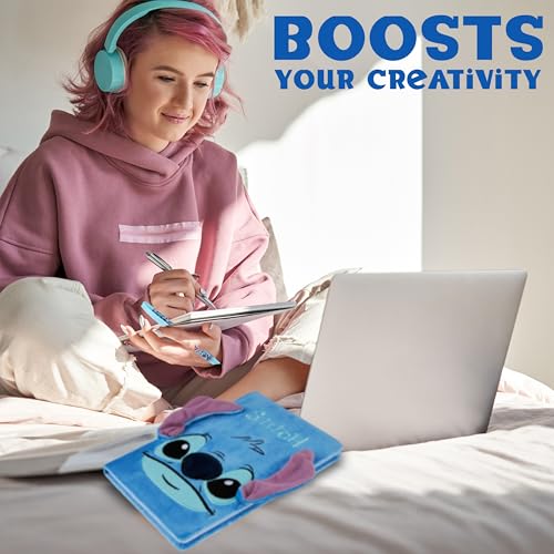 Disney Stitch A5 Lockable Journal with Pen - Blue Fluffy Hardcover Notebook for Girls Teens