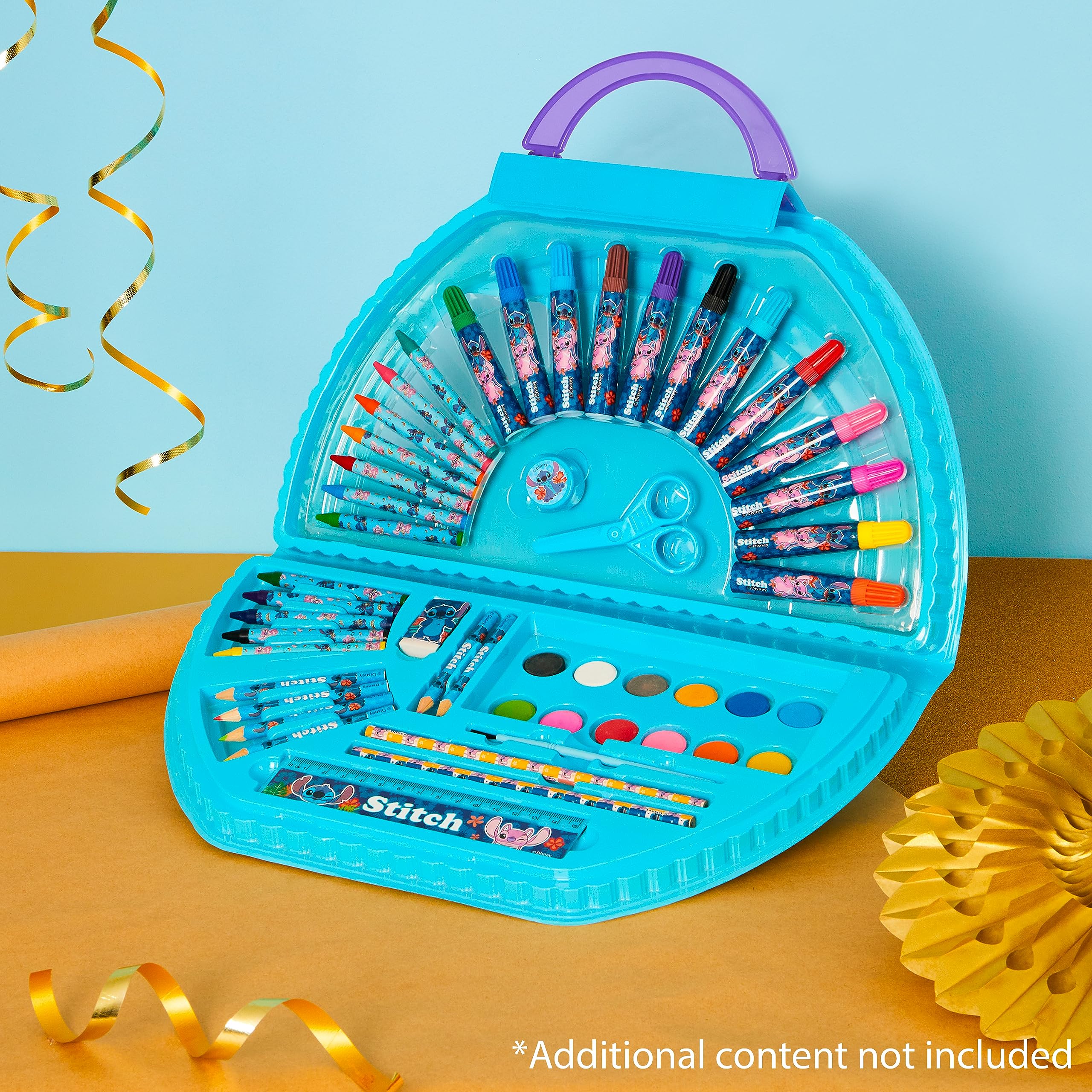 Disney Stitch Kids Art Set - 40+ Piece Colouring Kit with Paints, Markers, Crayons, and Pencils in Portable Case