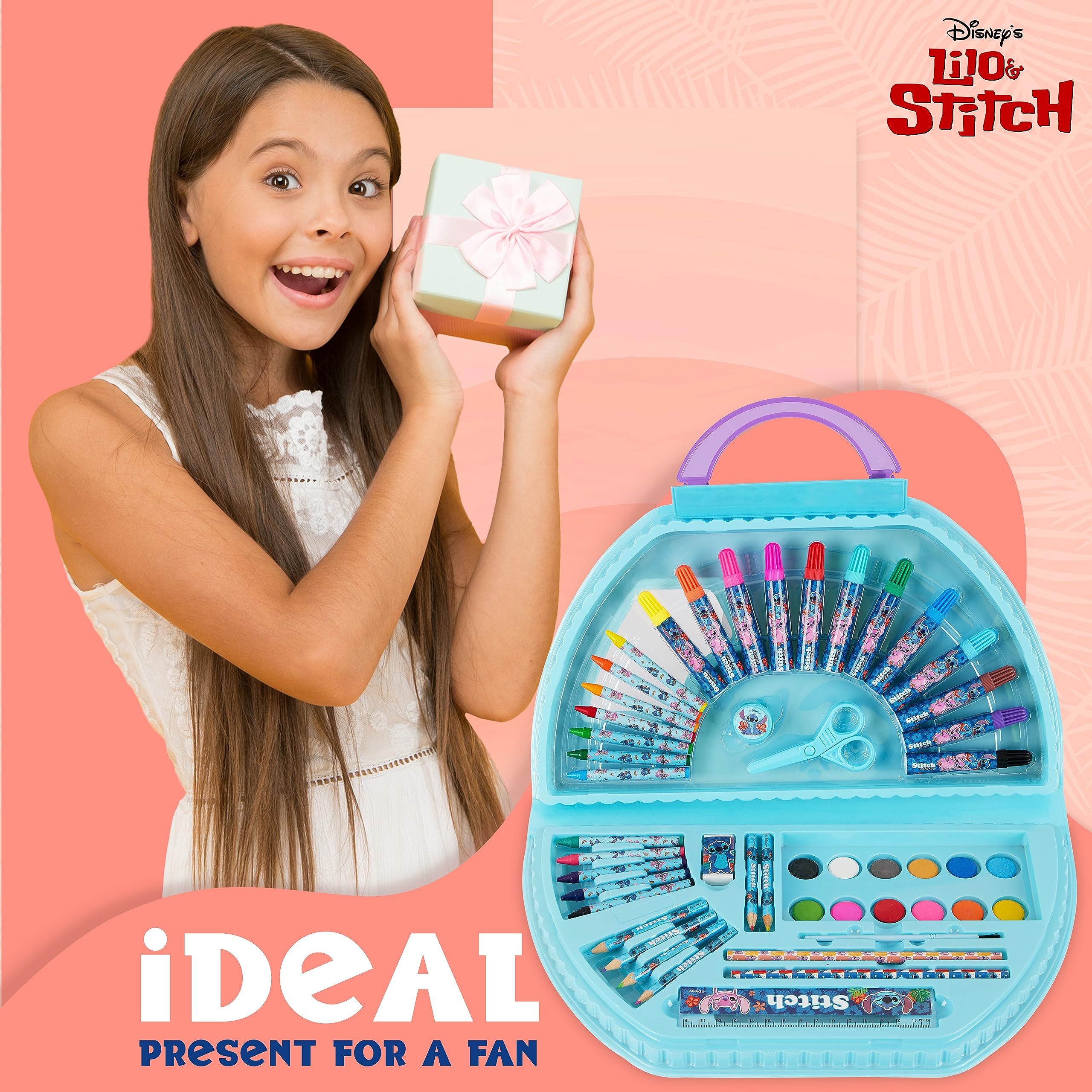 Disney Stitch Kids Art Set - 40+ Piece Colouring Kit with Paints, Markers, Crayons, and Pencils in Portable Case