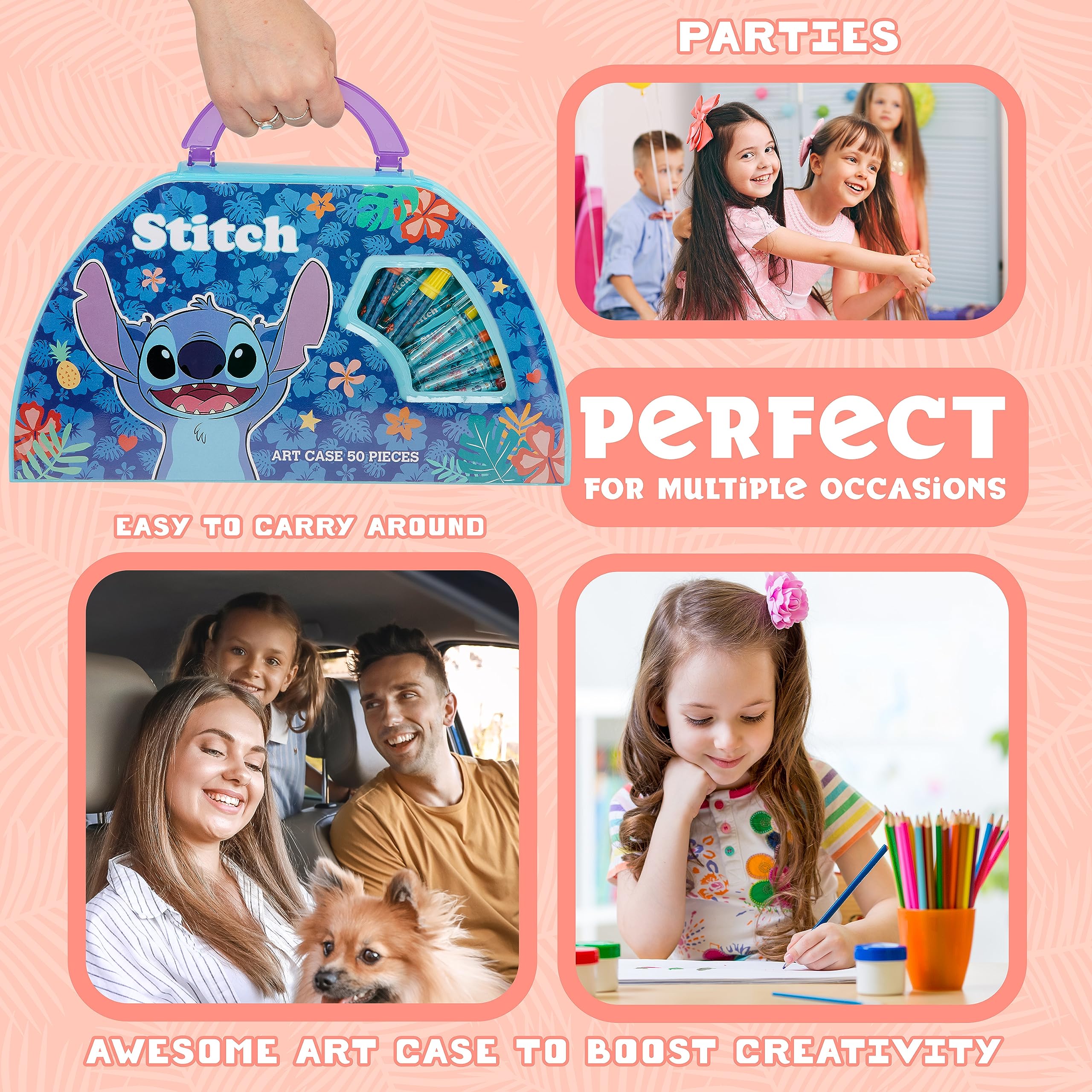 Disney Stitch Kids Art Set - 40+ Piece Colouring Kit with Paints, Markers, Crayons, and Pencils in Portable Case