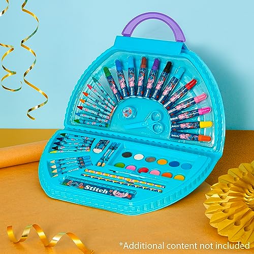 Disney Stitch Kids Art Set - 40+ Piece Colouring Kit with Paints, Markers, Crayons, and Pencils in Portable Case