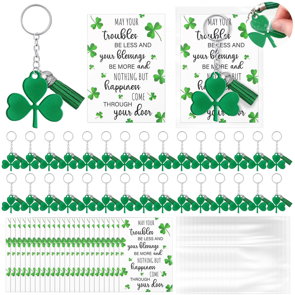 Dispowreath 36 Pack St. Patrick's Day Gift Sets - Shamrock Keychains with Tassels, Blessing Cards, OPP Bags for Irish Party Favors