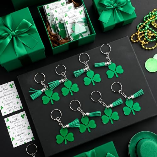Dispowreath 36 Pack St. Patrick's Day Gift Sets - Shamrock Keychains with Tassels, Blessing Cards, OPP Bags for Irish Party Favors