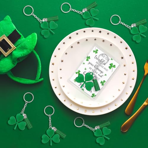 Dispowreath 36 Pack St. Patrick's Day Gift Sets - Shamrock Keychains with Tassels, Blessing Cards, OPP Bags for Irish Party Favors
