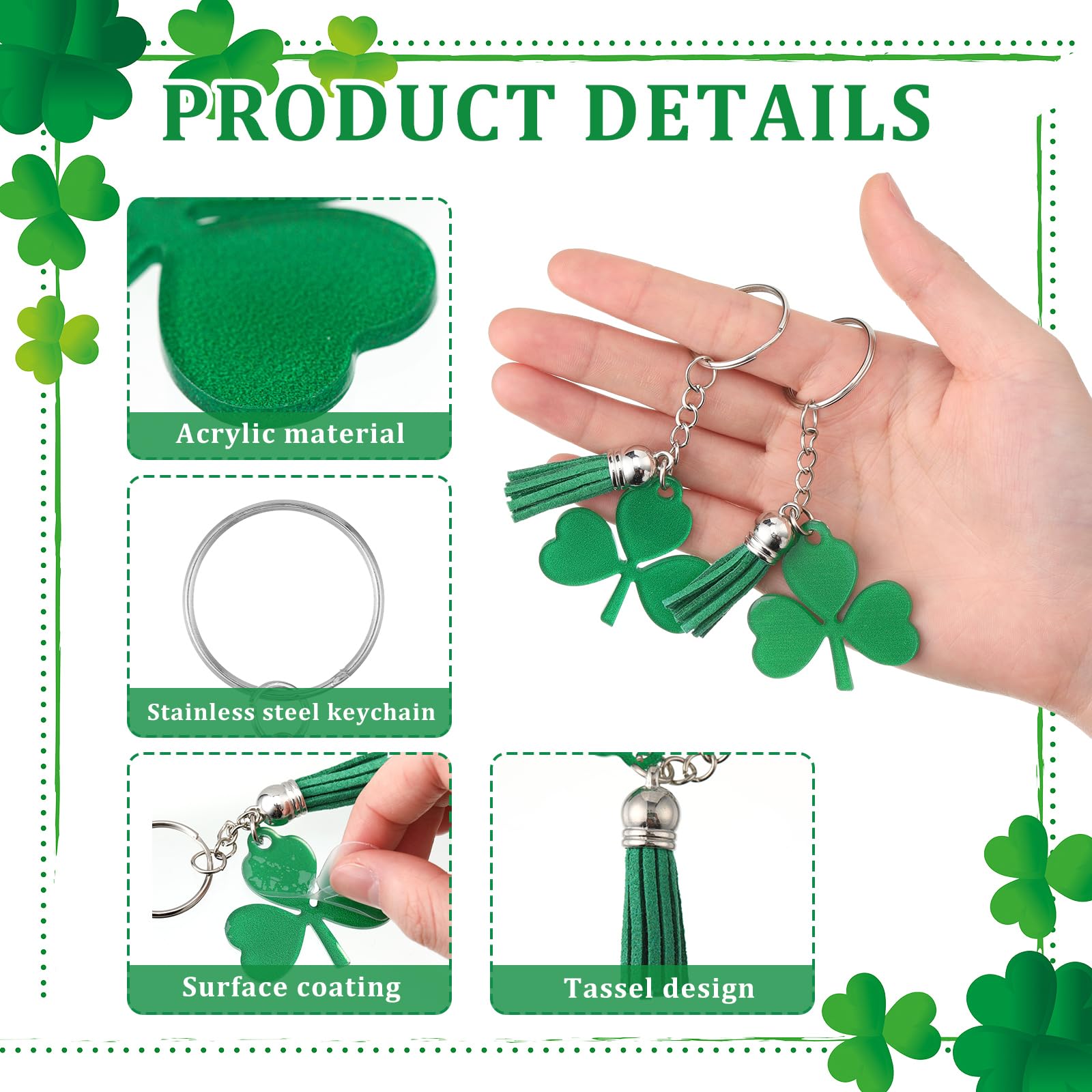 Dispowreath 36 Pack St. Patrick's Day Gift Sets - Shamrock Keychains with Tassels, Blessing Cards, OPP Bags for Irish Party Favors